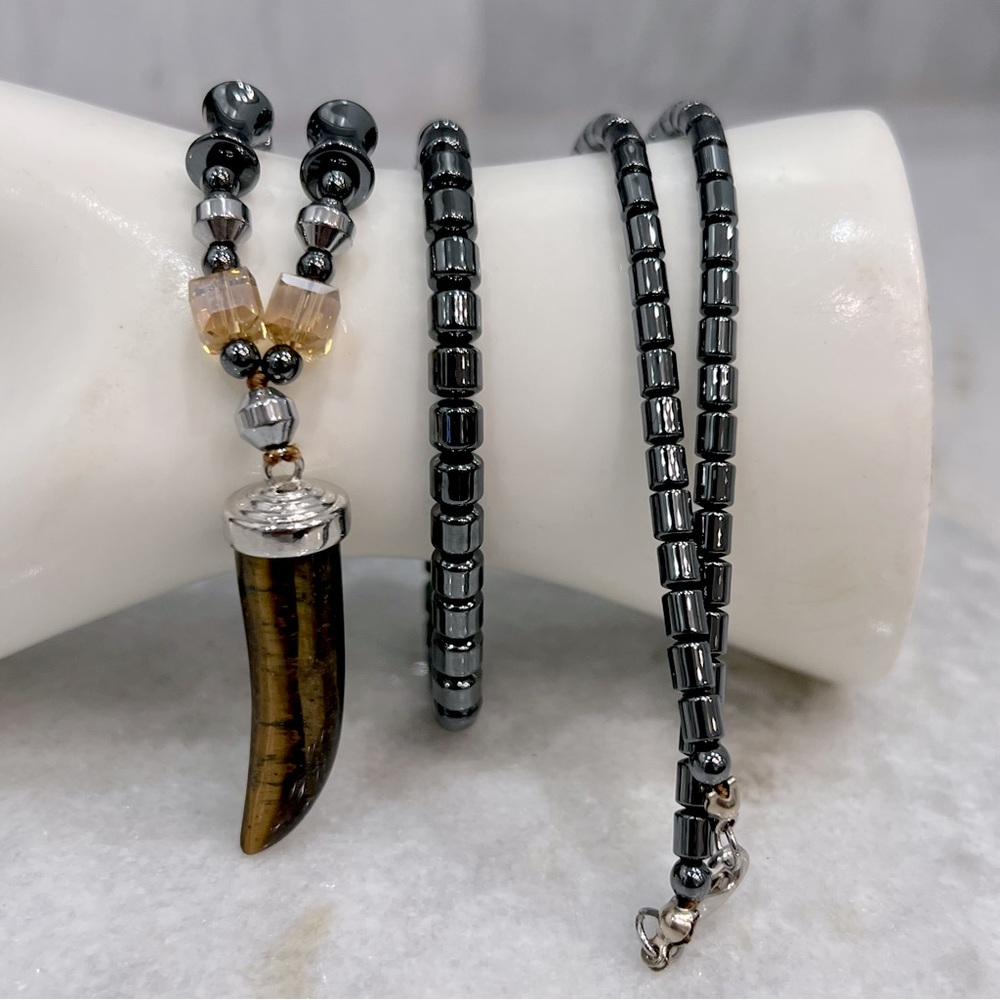 Hematite, Tiger’s Eye, and Champagne Bead Necklace and Bracelet